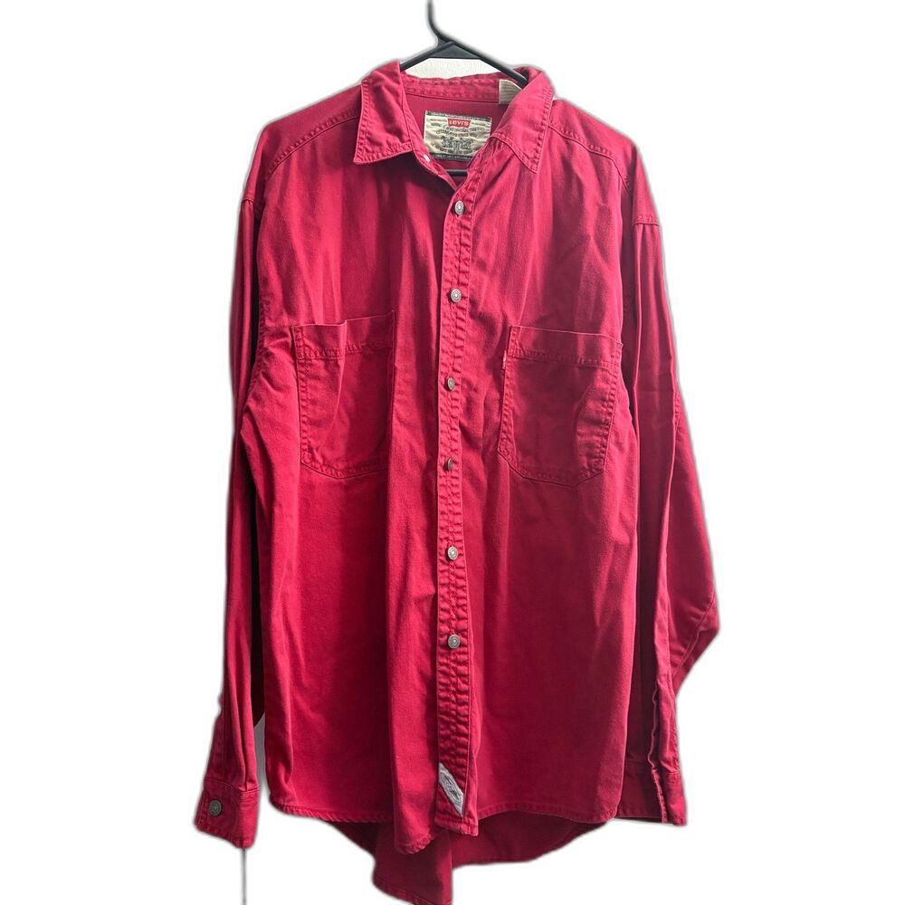 Men's Vintage 90's Levis Red 100% Cotton Western Button Up Shirt Size L